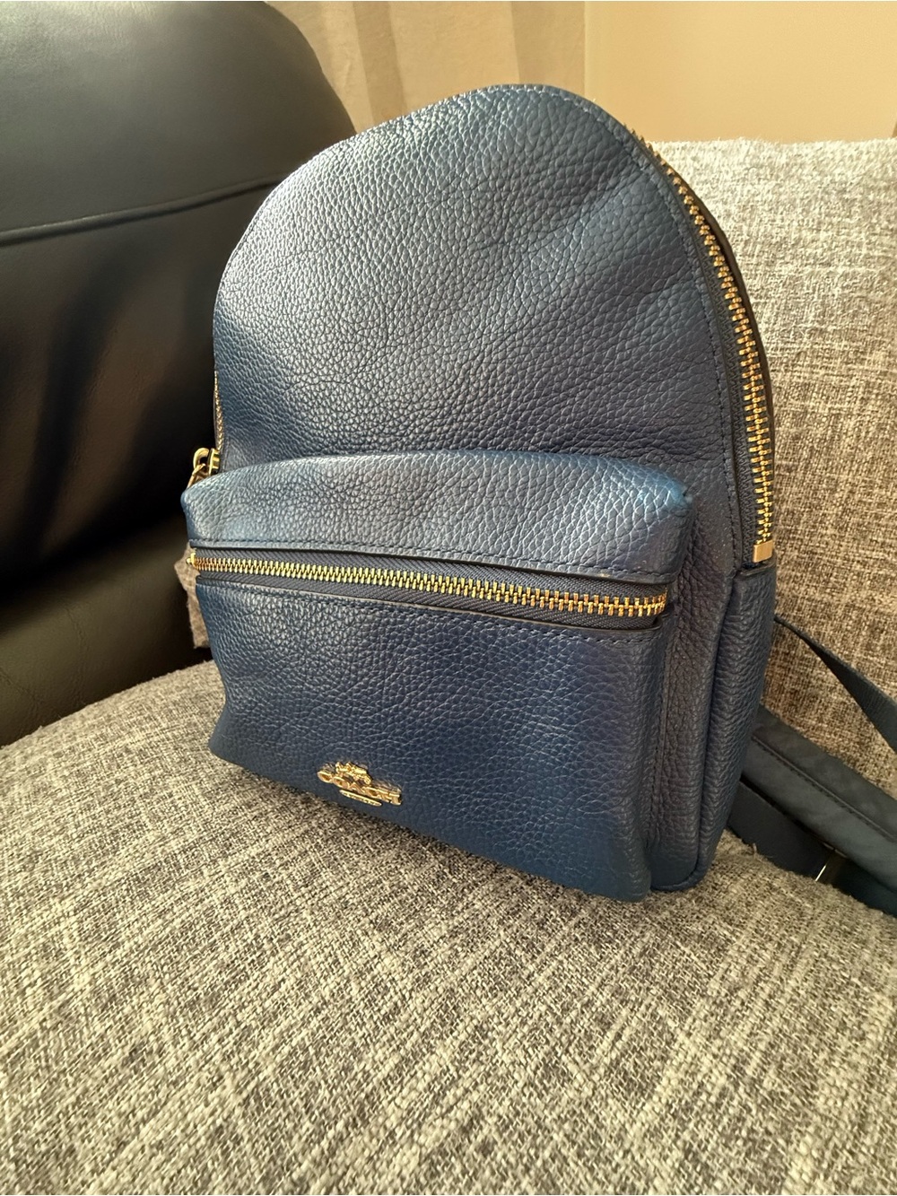 Coach Navy Pebbled Leather Mini Backpack with Gold Hardware